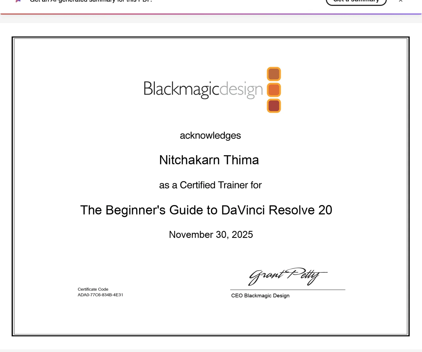 Blackmagic Design DaVinci Resolve trainer certificate